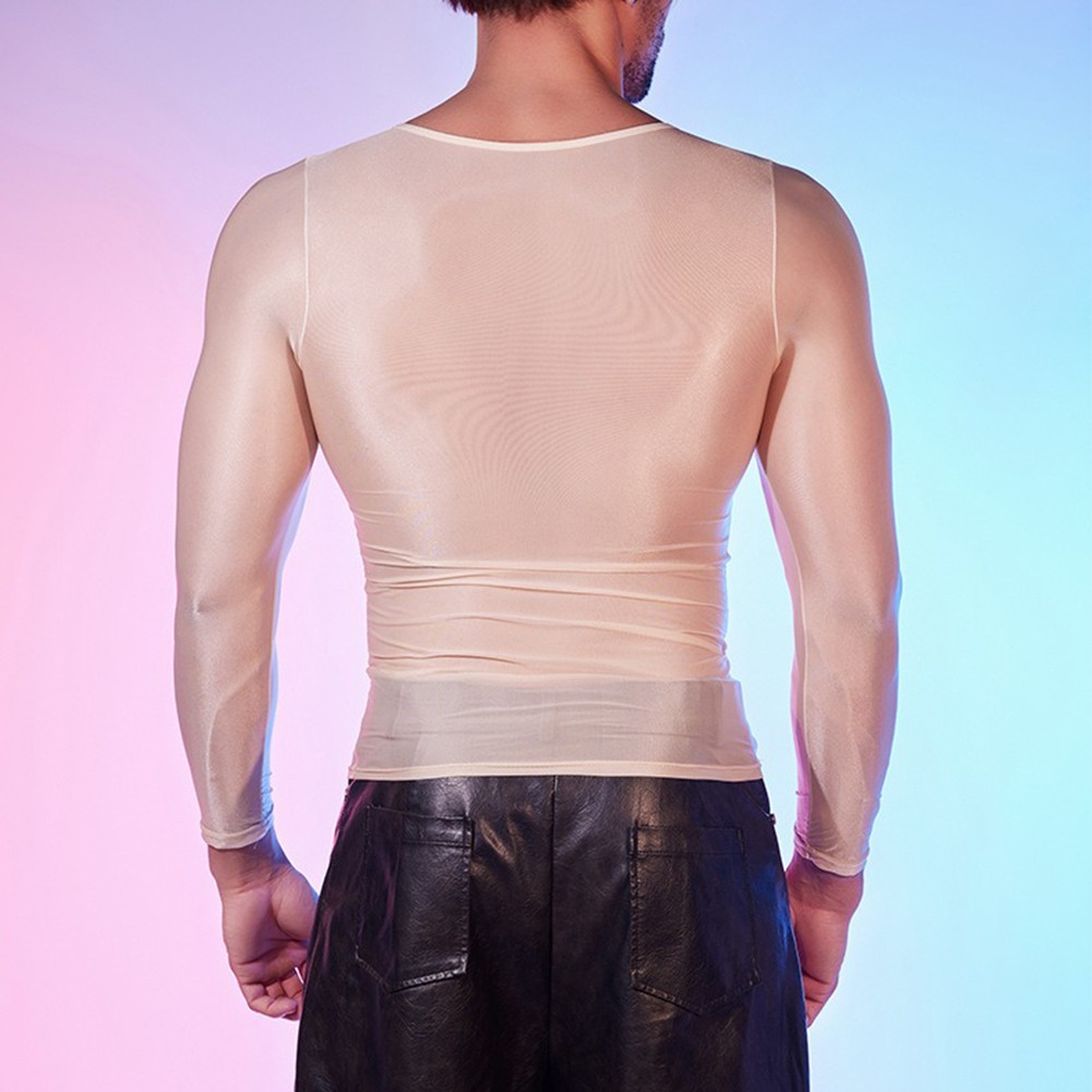 Men’s Oil Shiny See Through Long Sleeve Sheer Tights Top Sexy Lingerie Shirt