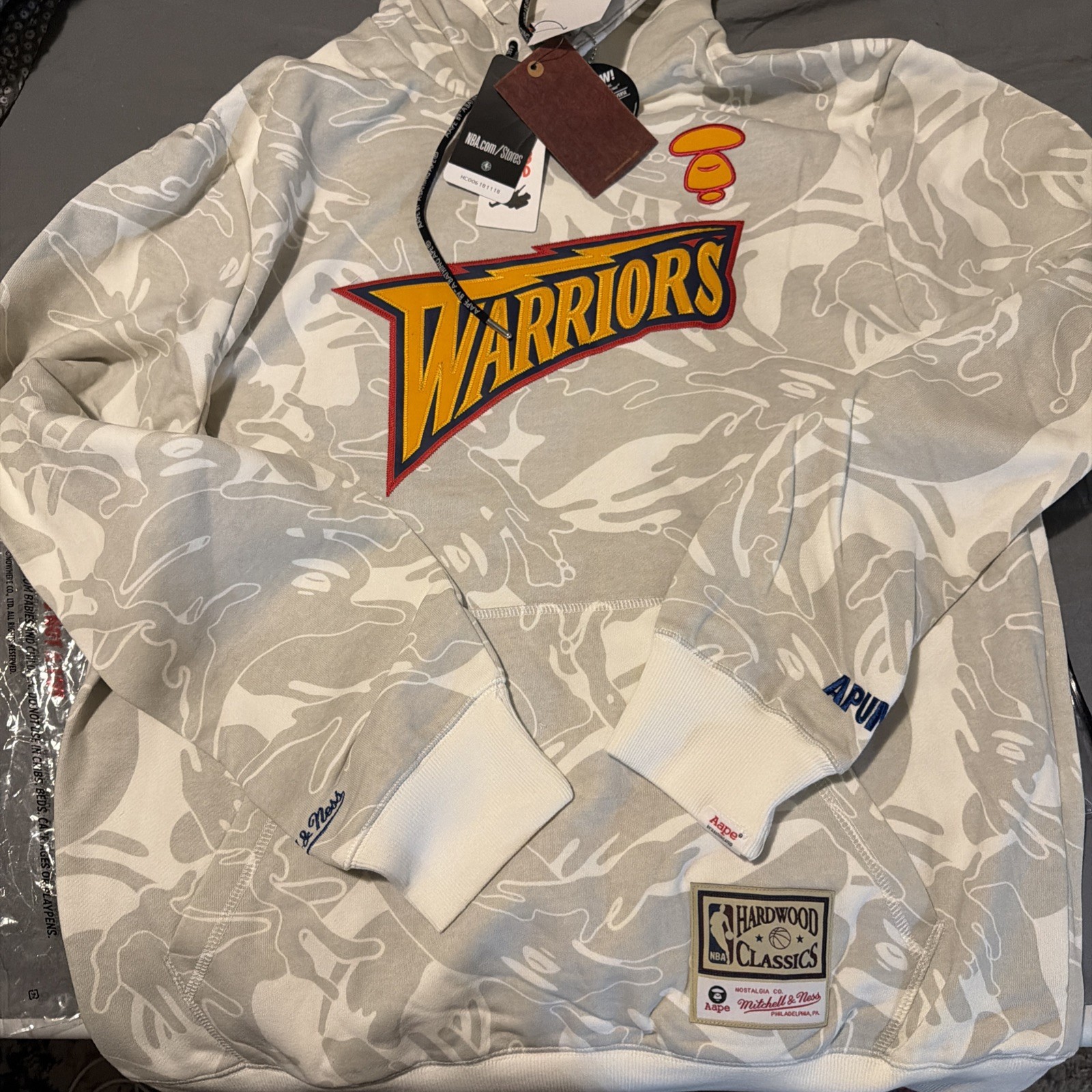 NEW Authentic Aape x NBA Mitchell & Ness WARRIORS Hoodie XL Bathing Ape BAPE
