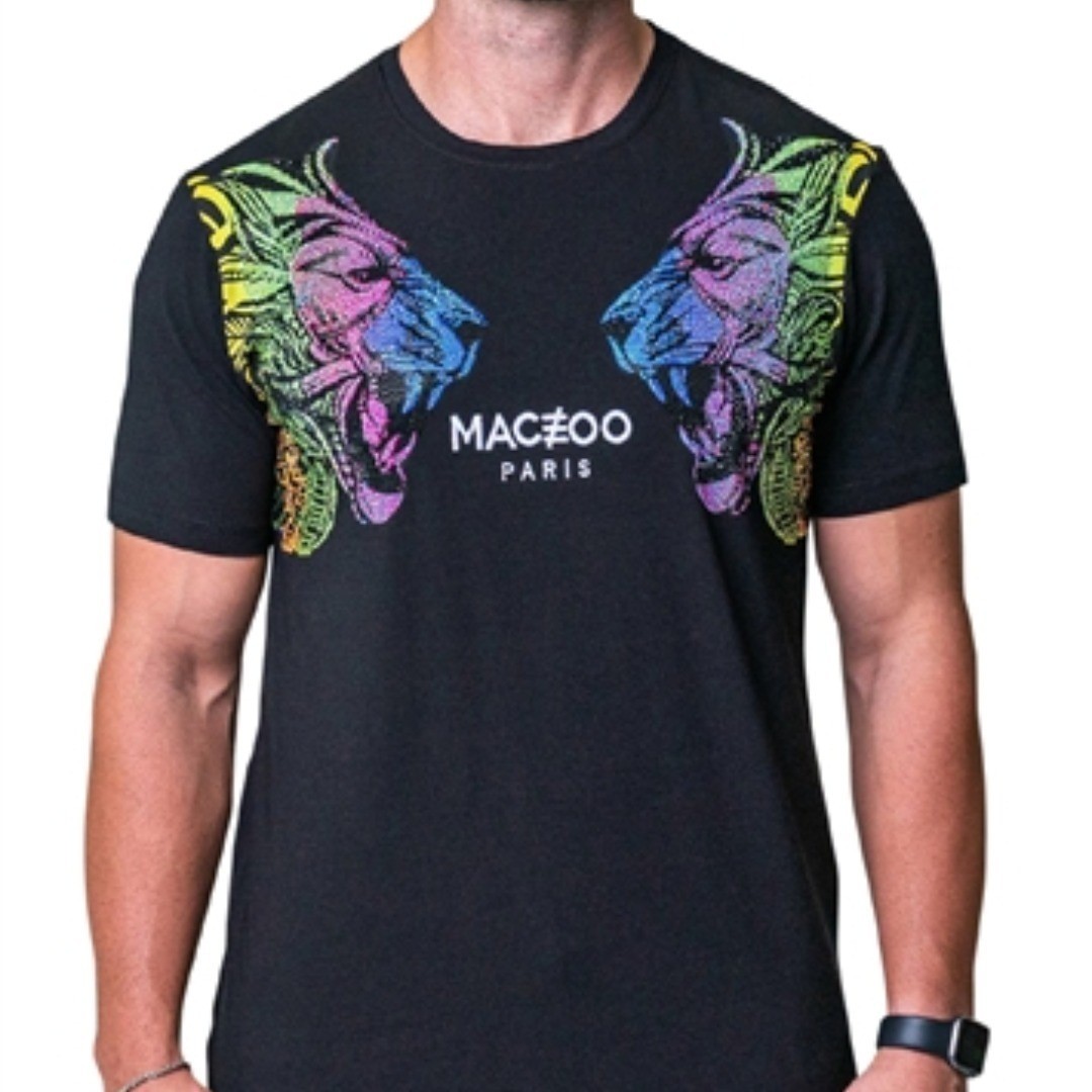 Maceoo T-Shirt Graphic Lion Rhinestone Black Neon Rainbow Paris Men Size M NWOT