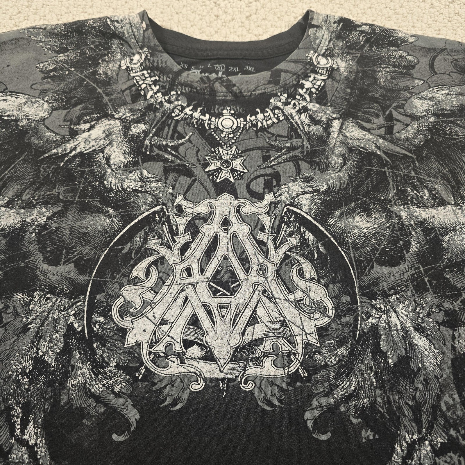Archaic By Affliction Shirt Mens XL Black Gothic Wings Skull Allover Graphic