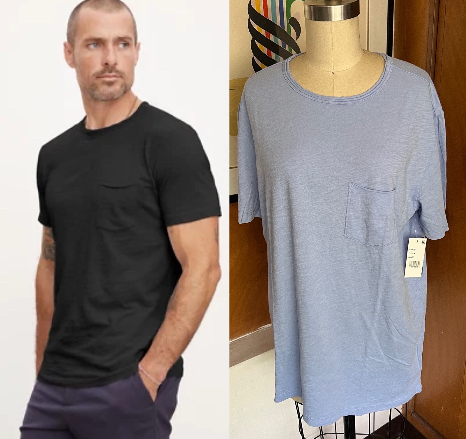 Nwt Velvet by Graham & Spencer Chad $70 Raw Edge Slub Pocket Tee Men Black Blue