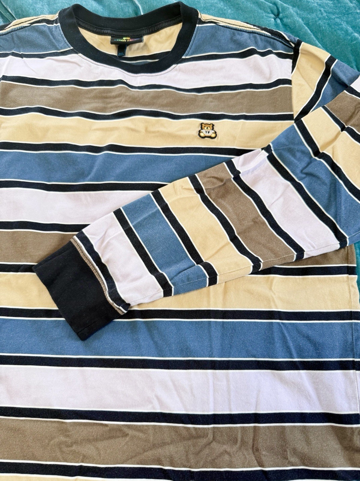 Teddy Fresh Striped Purple Blue Tan Long Sleeve Crew Neck Size M