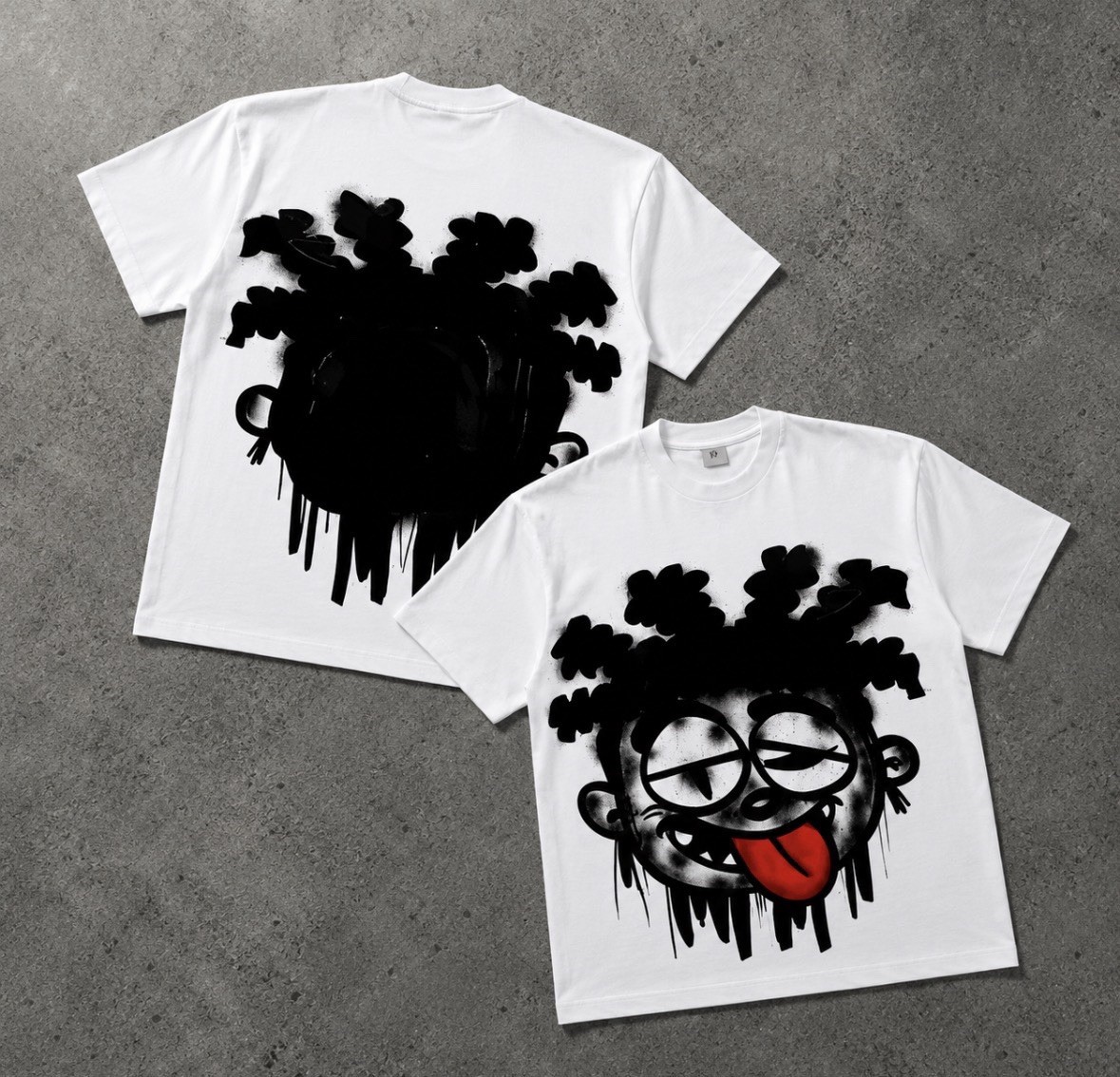 Cartoon Face Graphic T-Shirt White Streetwear Oversized Graffiti Tee Red Tongue
