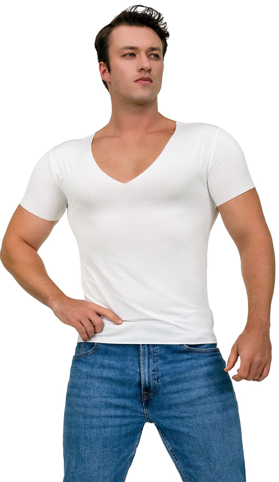 Deep V Neck Undershirts for Men-Sweatproof White V-Neck Short Sleeve Mens Tsh…