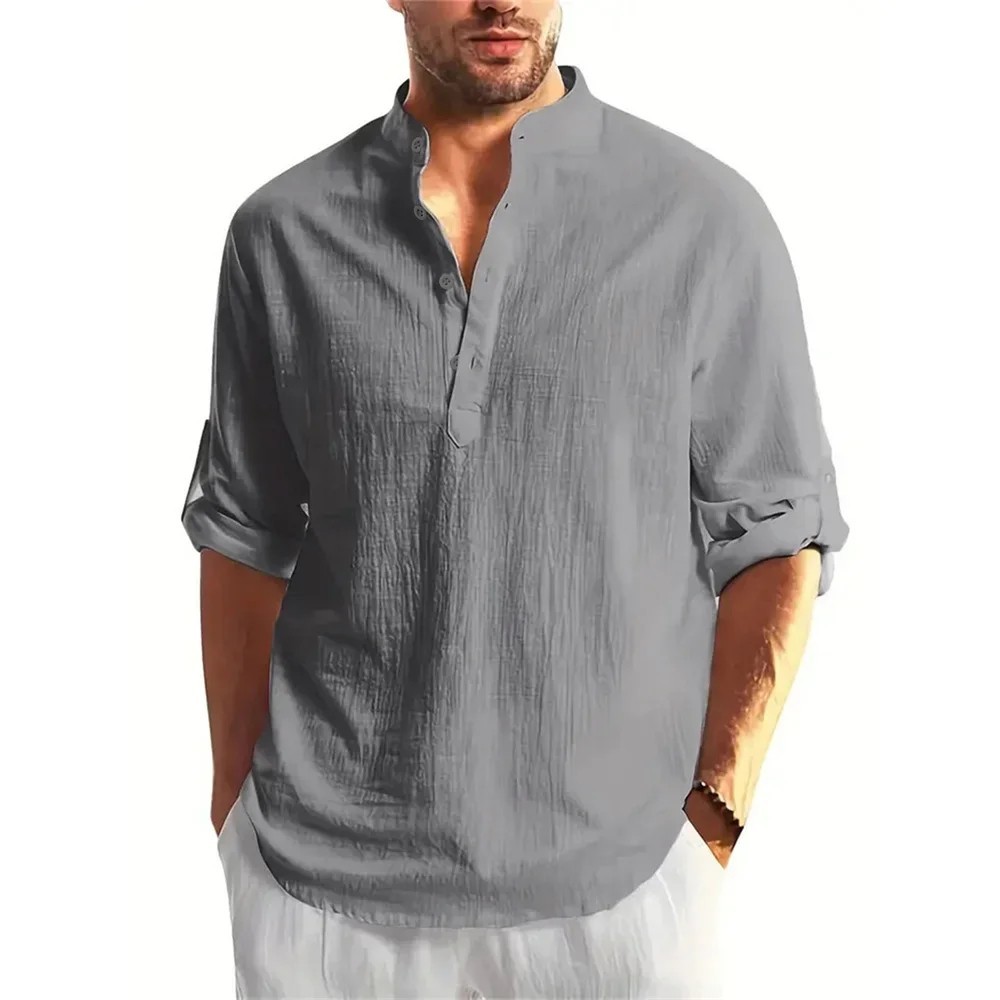 Autumn Men Cotton Linen Henley T-Shirt Lightweight Breathable Casual Top Gift