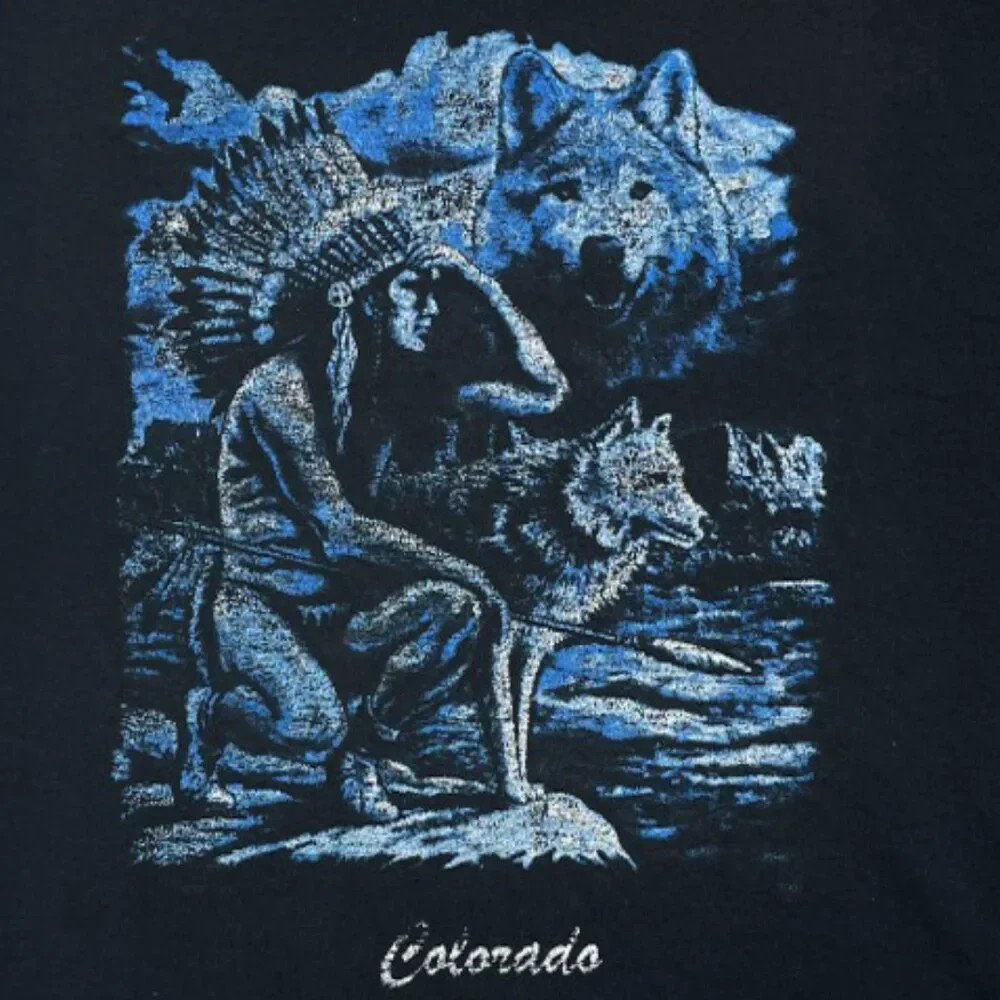 Vintage 1990’s Wolf Native American Indian Hunter Colorado Jerzees Tee Shirt XL