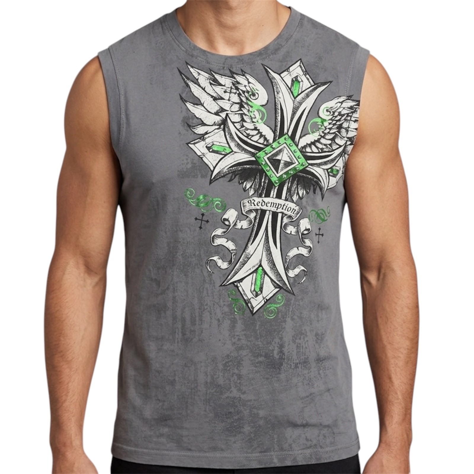 RAW STATE by AFFLICTION Charcoal CROSS TAPE Sleeveless Slim Fit Mens T-shirt