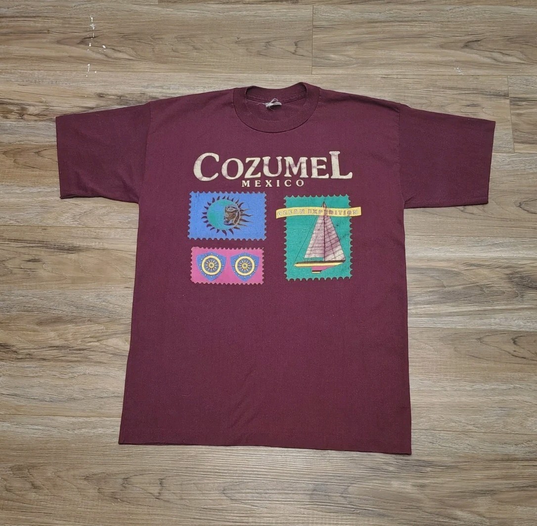Vtg Cozumel Mexico Single Stitch Graphic Tee Sailboat Sun Stamp Tourist Maroon L