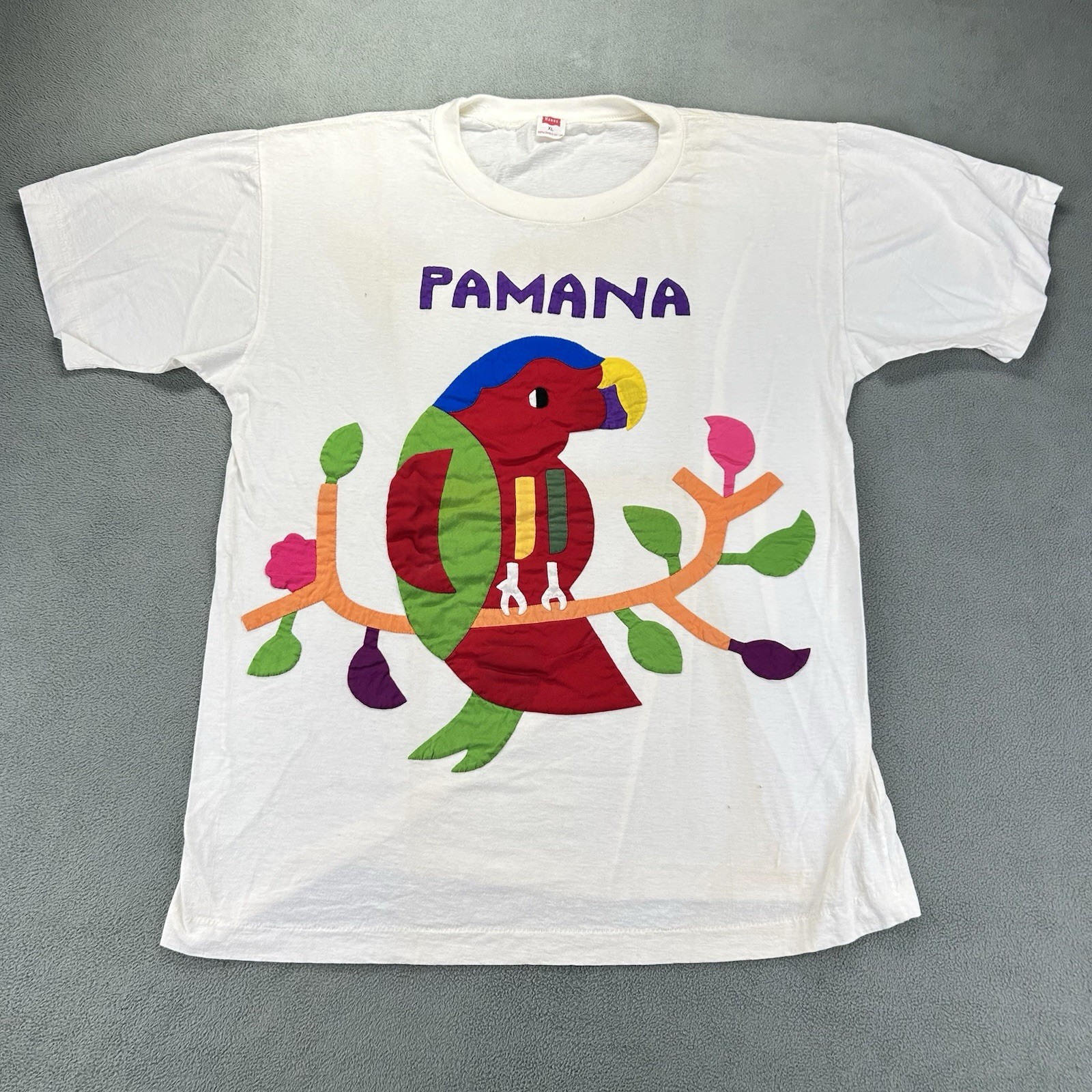 Vintage 1960’s Hanes T Shirt XL Pamana Island Parrot Embroidered Quilted Bird