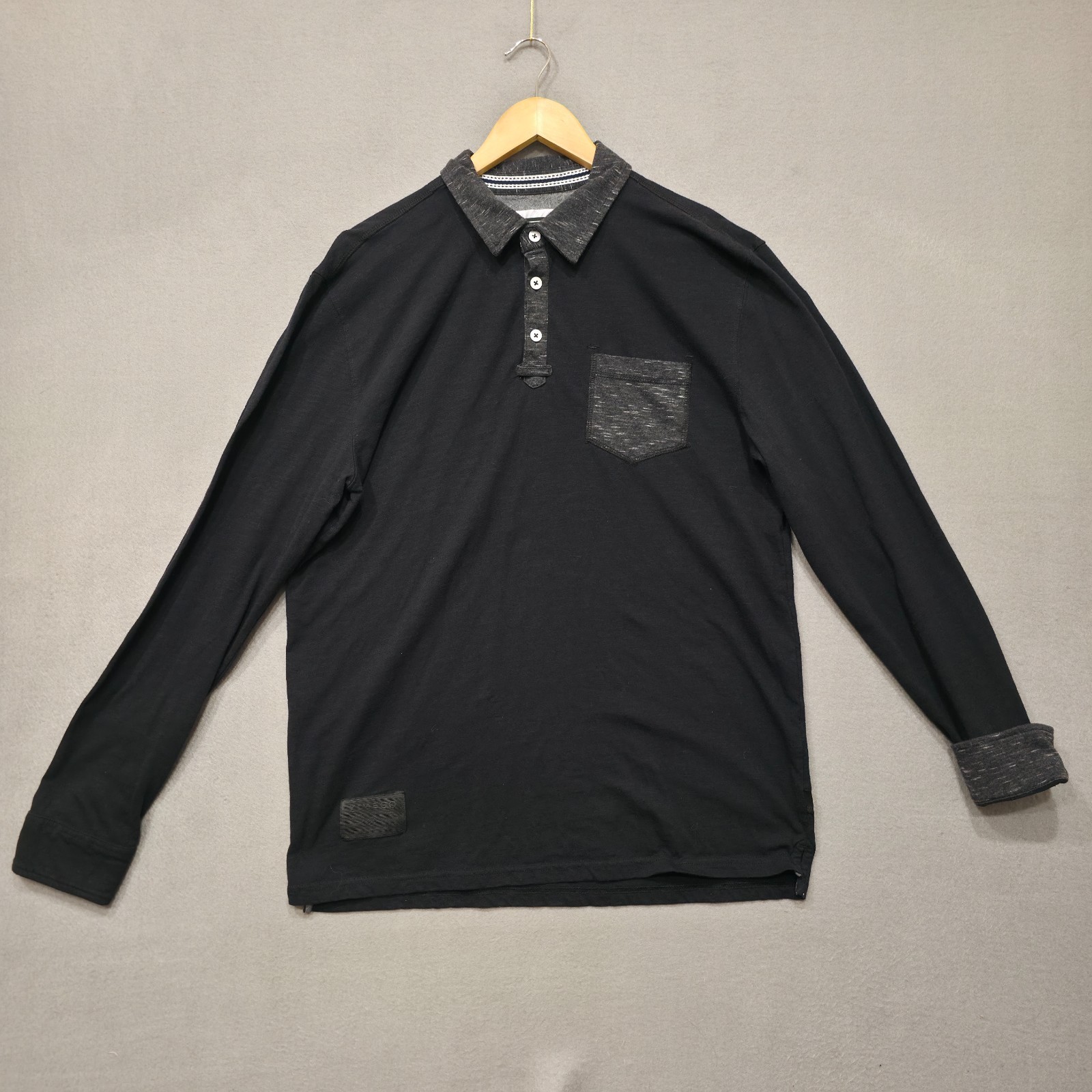 Zimego Mens Black Long Sleeve Pullover Quarter Button Flip Cuff Shirt Size Large