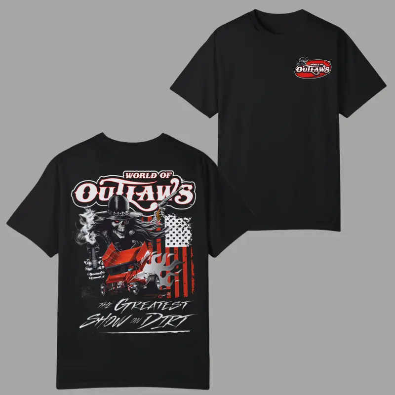 World of Outlaws T-Shirt, Skeleton Gunslinger and Sprint Car Graphic 2 Sides, Gr