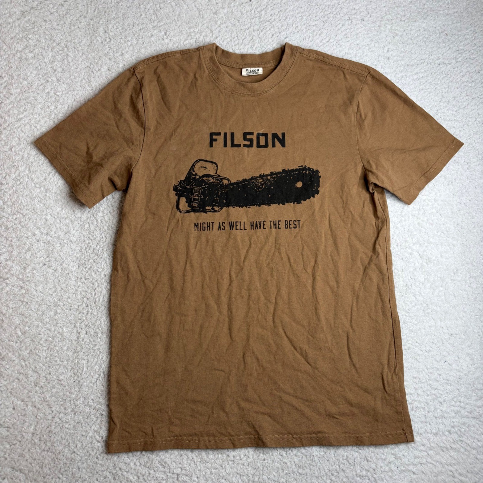 Filson Mens Chainsaw Graphic T-Shirt Brown Cotton Made in USA Size Medium