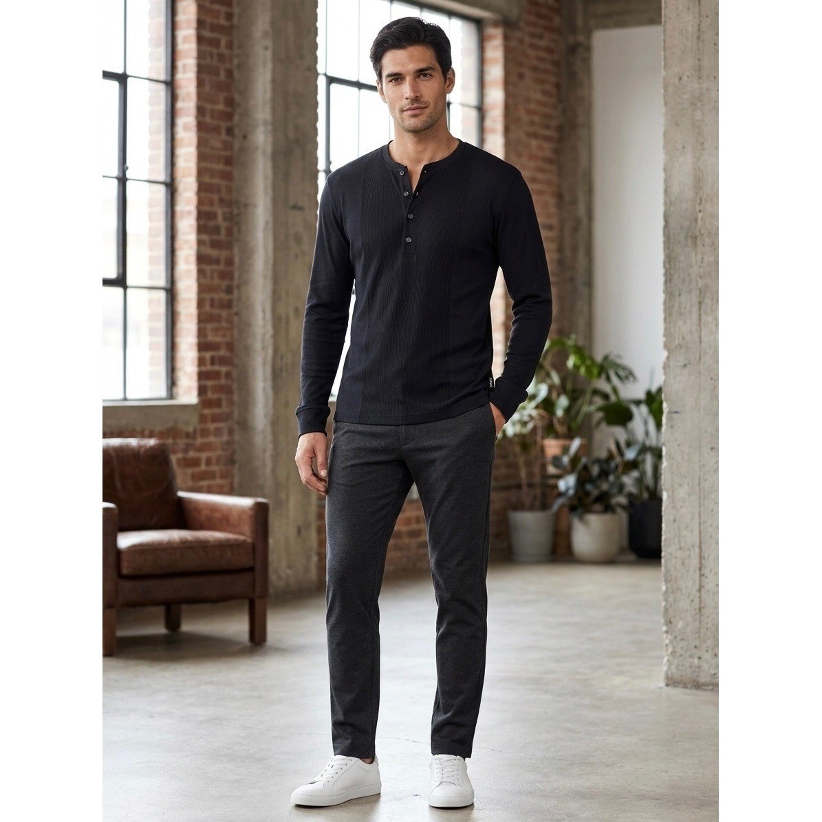 Hugo Boss Mens Eligio 1/7 Slim Fit Ribbed Cotton Henley Long Sleeve Shirt Black