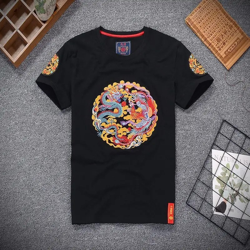 Men Dragon Phoenix Embroidered T-Shirt Chinese Style Short Sleeve Casual Top