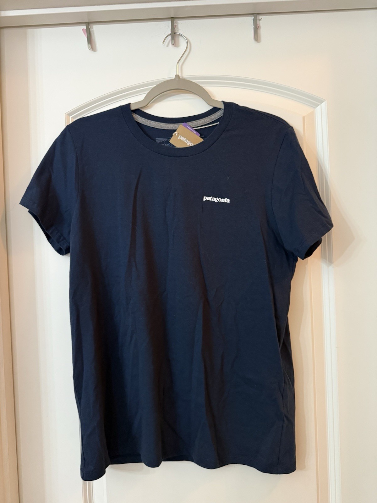 Patagonia T-shirt Mens Medium Blue Organic Cotton big Logo Graphic Crew Neck