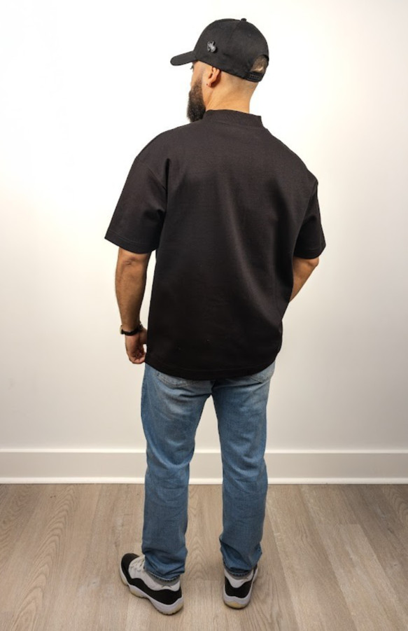 Oversized Boxy Tee Black Mock Neck Drop Shoulder Heavyweight Cotton