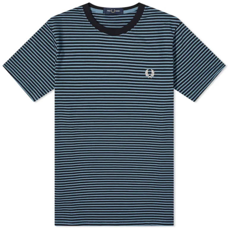FRED PERRY FINE STRIPE HEAVYWEIGHT COTTON T-SHIRT NAVY/LIGHT BLUE L RRP £65 NEW