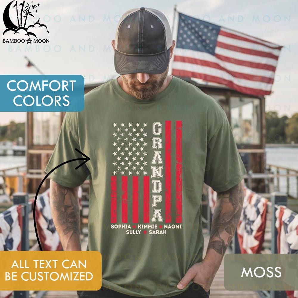 Personalized Grandpa USA Flag Shirt with Grandkids Names 4th of July