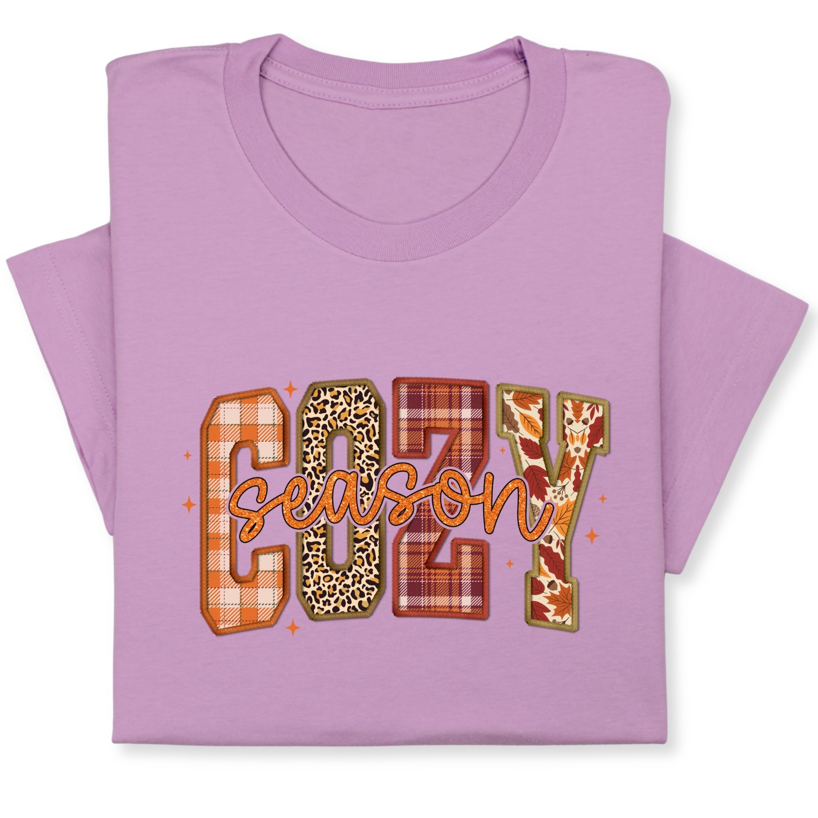Cozy Season Fall T-Shirt – Autumn Plaid & Leopard Patchwork Tee