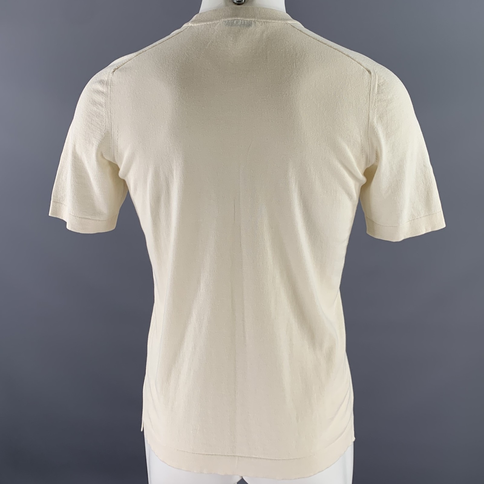 BOGLIOLI Size S Cream Solid Cotton Blend Ribbed Collar T-shirt