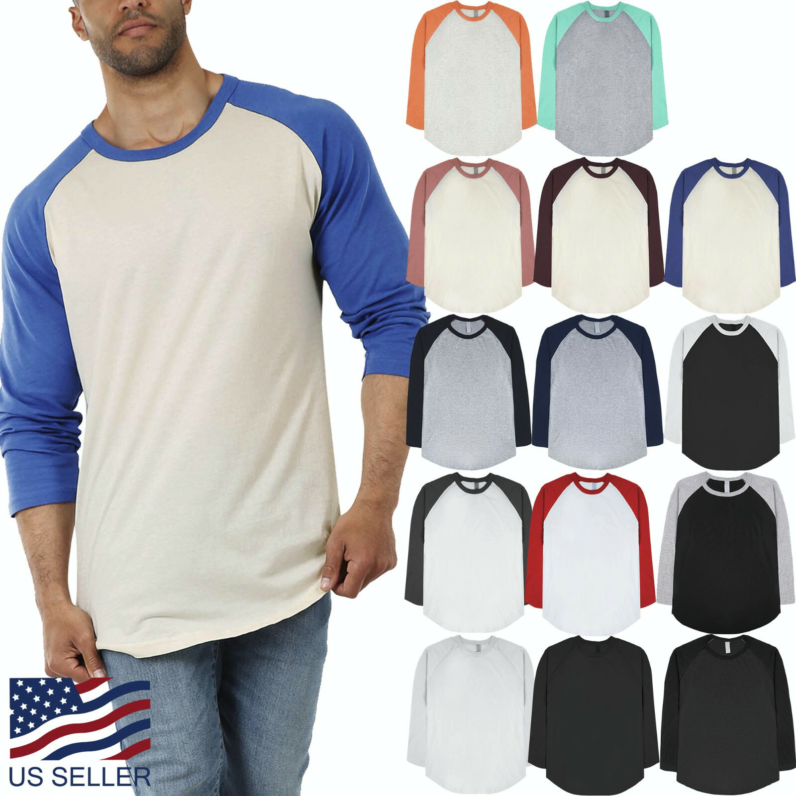 Mens Baseball Raglan 3/4 Sleeve T Shirt Jersey Casual Tee Team Sports Family