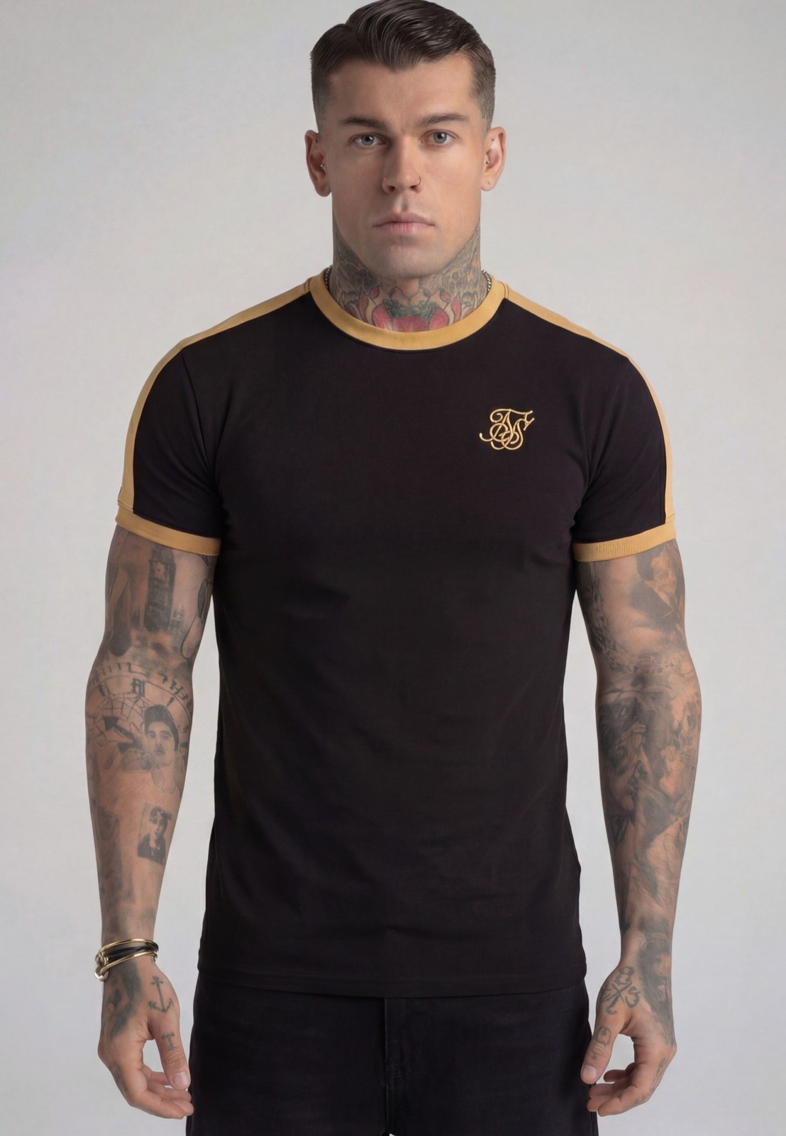 SikSilk Men’s Short Sleeved Muscle Fit Crew Neck Stripe Ringer T-Shirt Tee Black