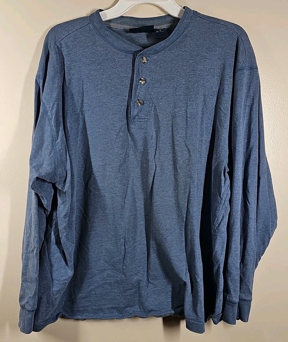 Vintage Basic Editions Shirt Mens Medium Blue Henley Long Sleeve 100% Cotton