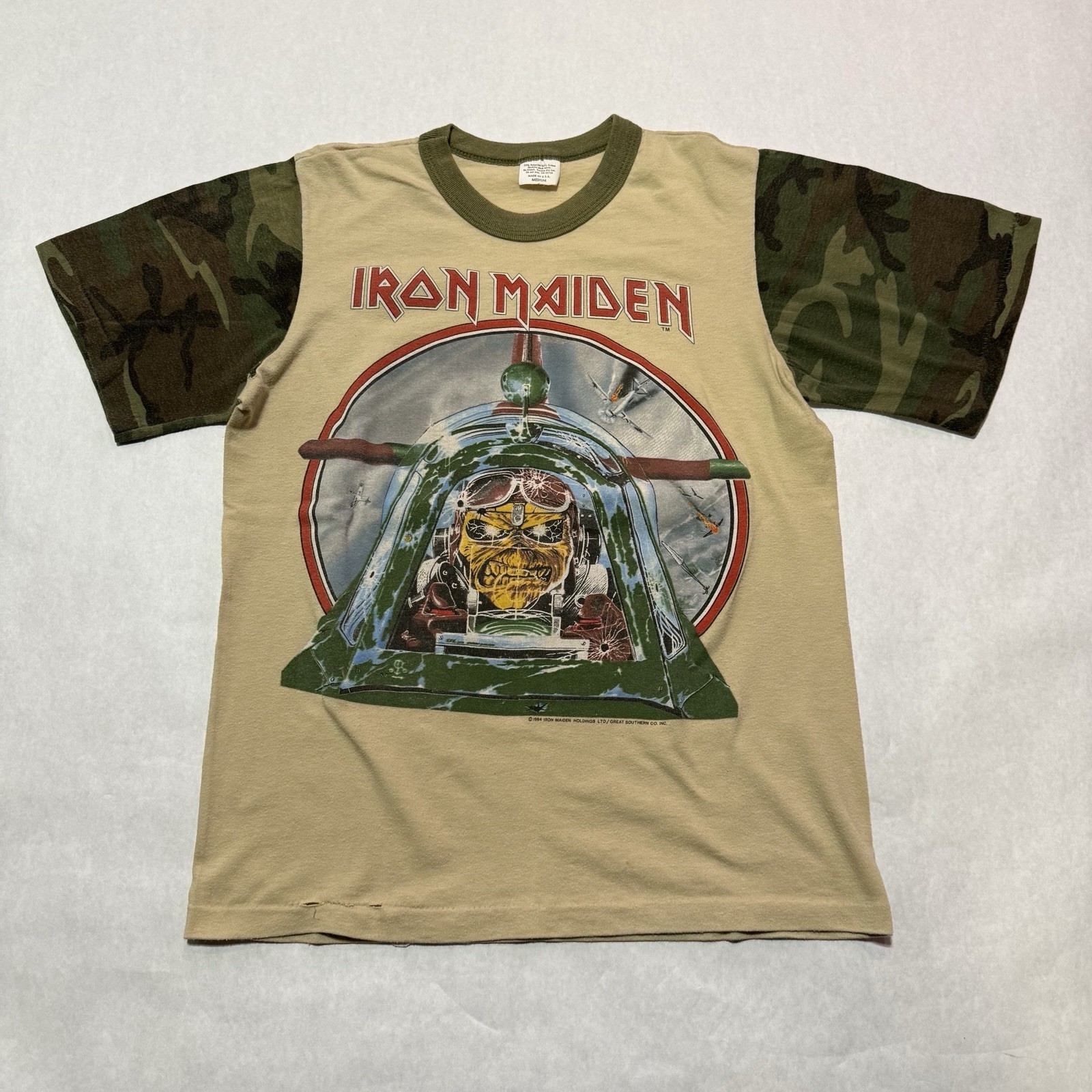 Vintage 1984 Iron Maiden Aces High Camo Band T-Shirt Size Medium 80s Concert