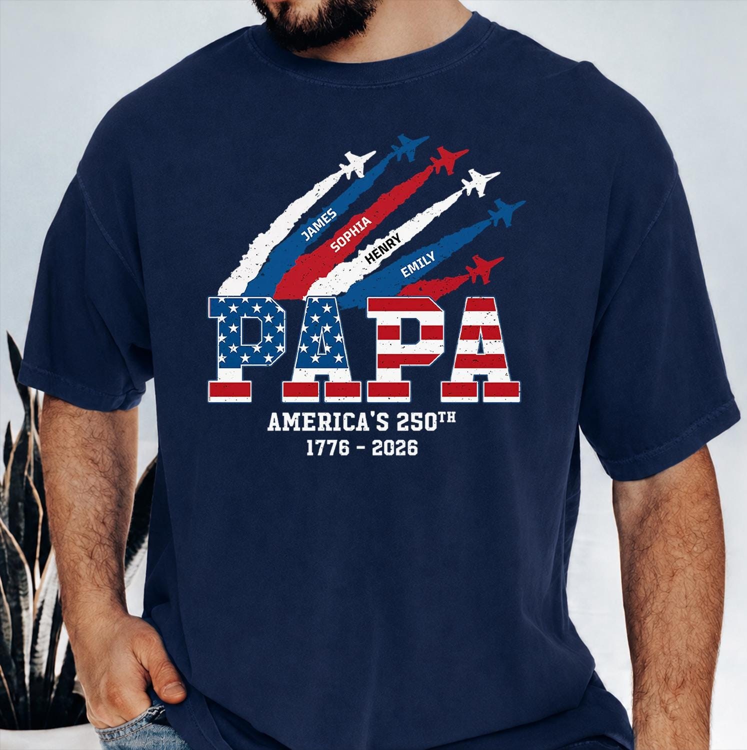 Personalized Proud Papa Grandpa American Flag Shirt with Kids Names