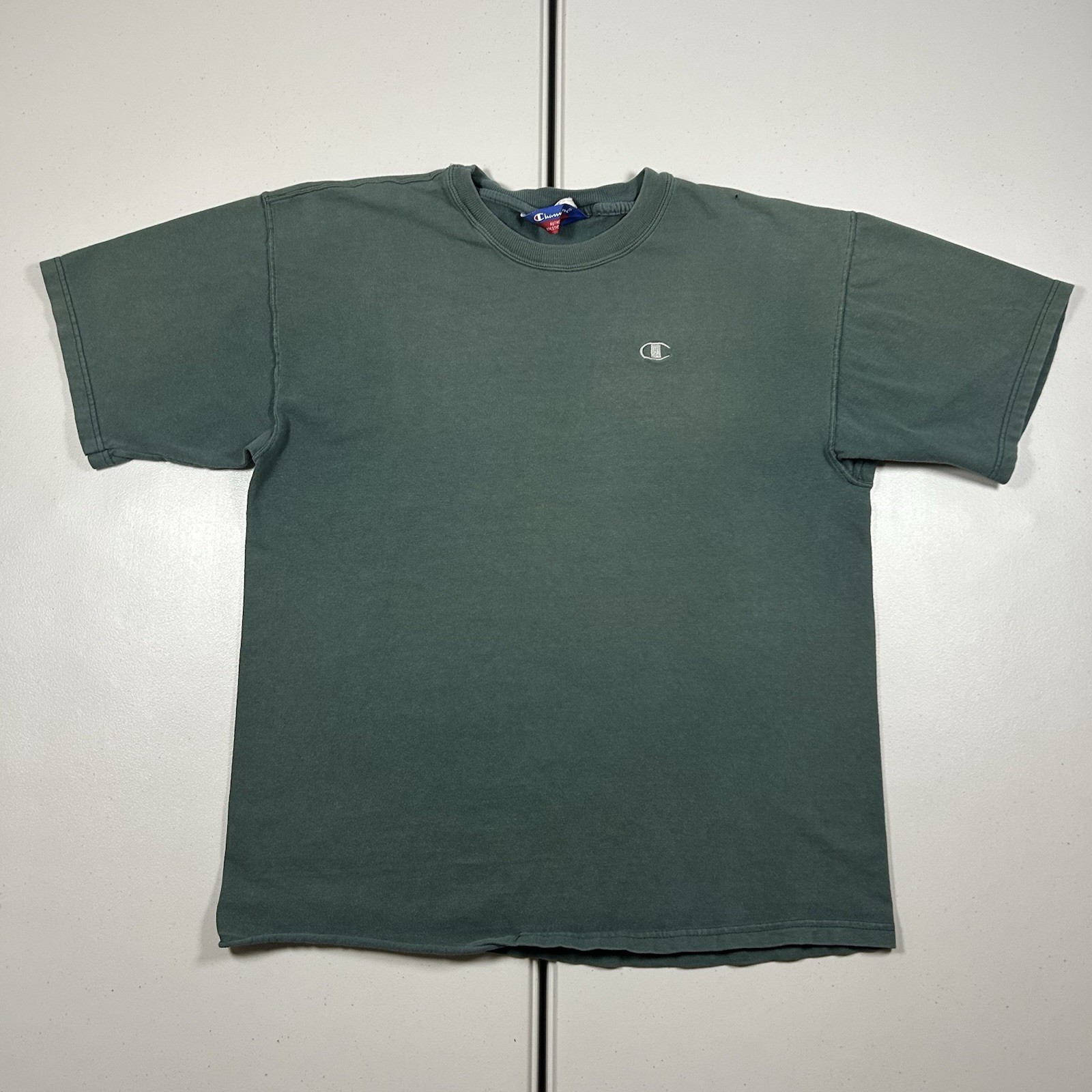 Vintage Champion Shirt Blank Green Logo Graphic Men’s Large Sun Faded Streetwear