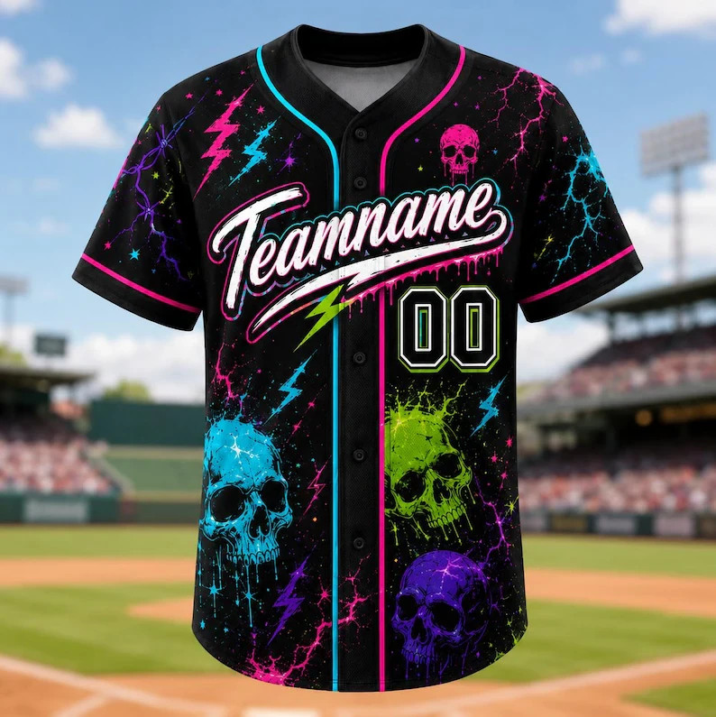 Custom Neon Skulls Lightning Baseball Jersey Personalized Name Number Shirt Kids