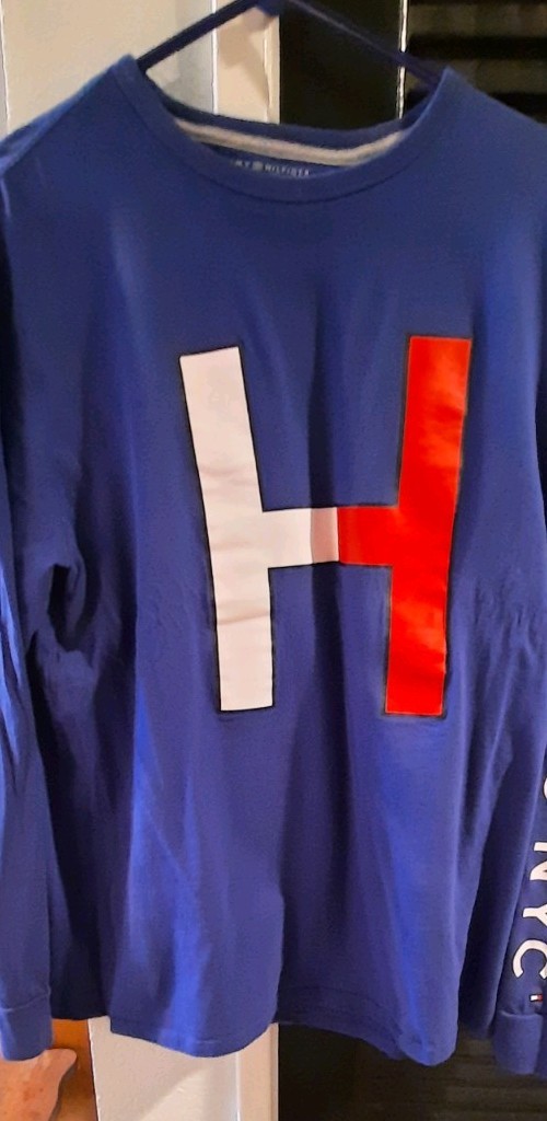 Tommy Hilfiger Men’s Blue Long Sleeve Crew Neck Logo Graphic Print T-Shirt XL