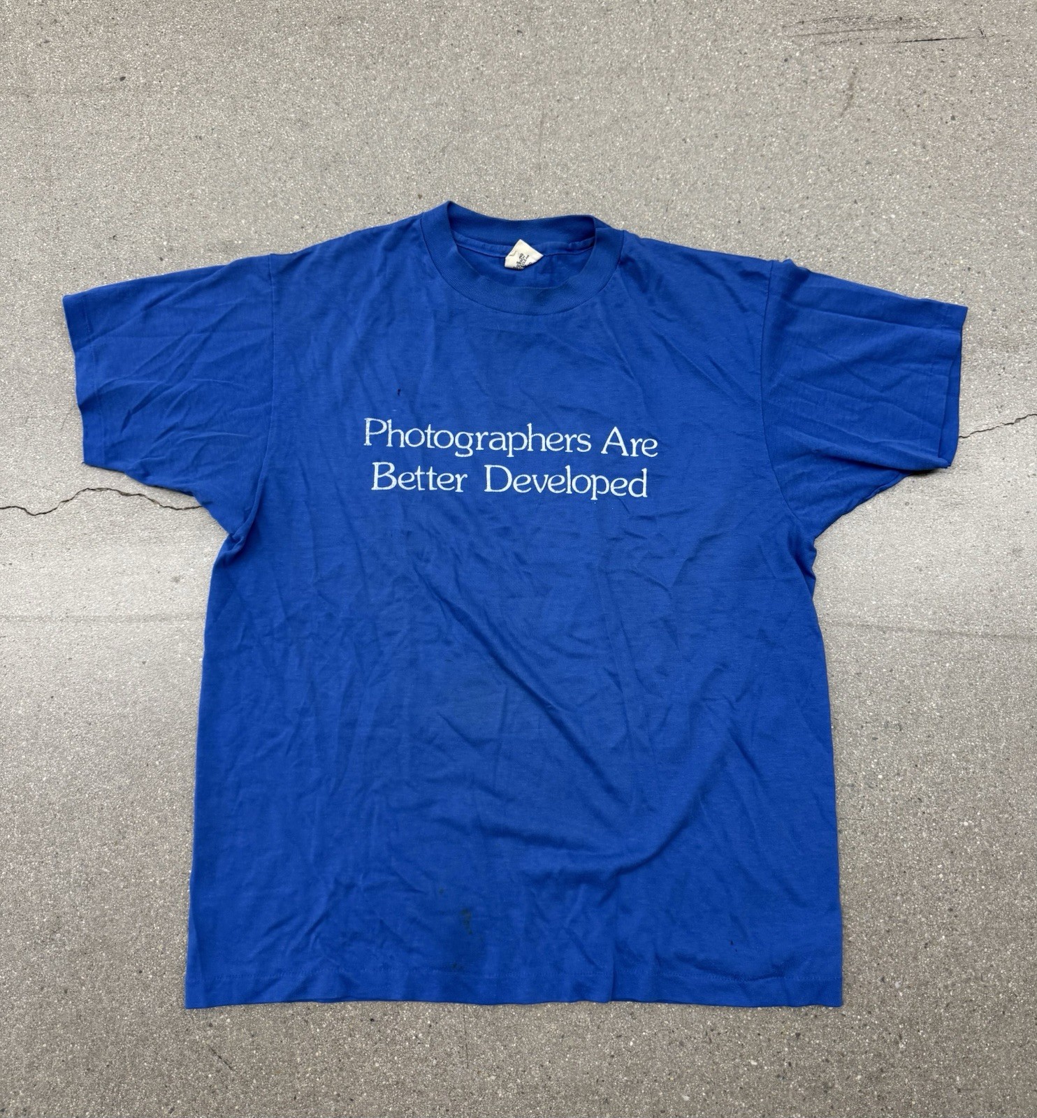 True Vintage 80’s Photographers Comedy Humor Funny Graphic T-shirt Men’s L Blue