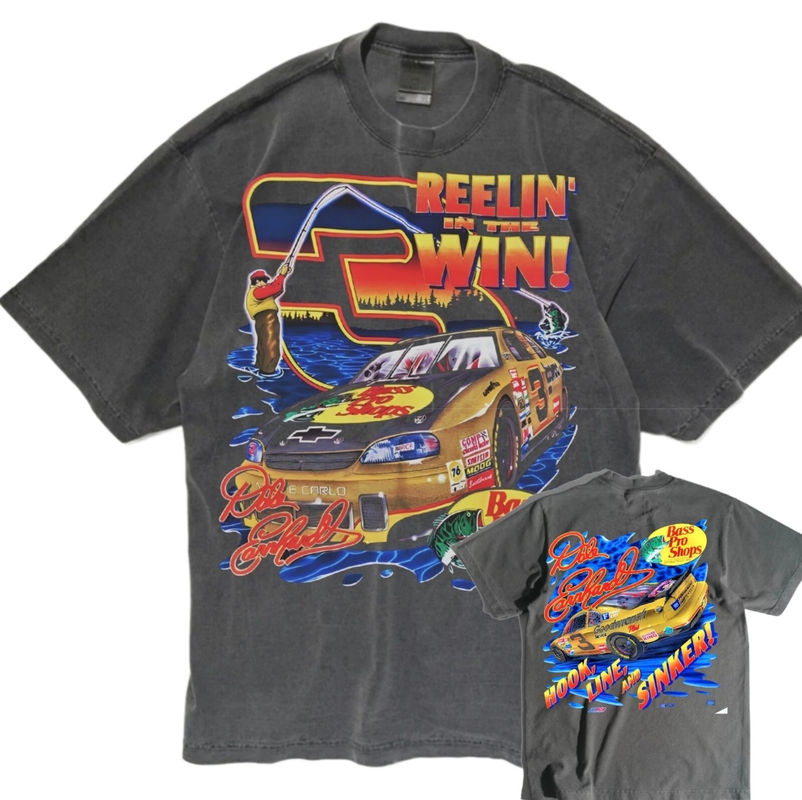 REELIN IN THE WIN DALE EARNHAON A SHAKA HEAVYWEIGHT GARMET DYED T SHIRT “MODERN”