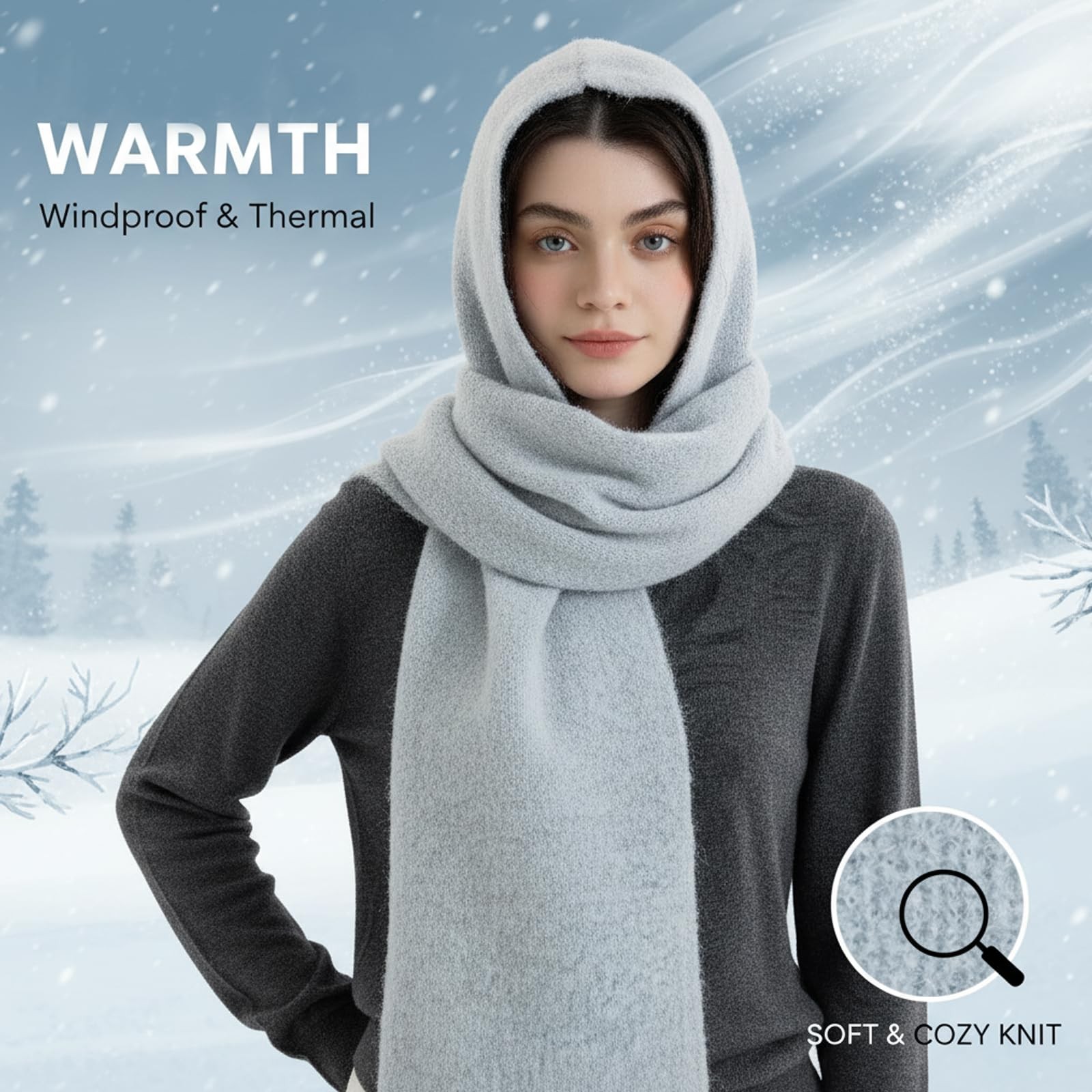 Hooded Scarf Women Winter Warm Knitted 2in1 Hat Balaclava Neck Warmer