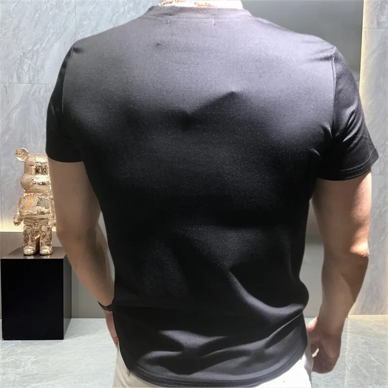 New Men Luxury Leopard Rhinestones Fashion Black White T-Shirt High Quality
