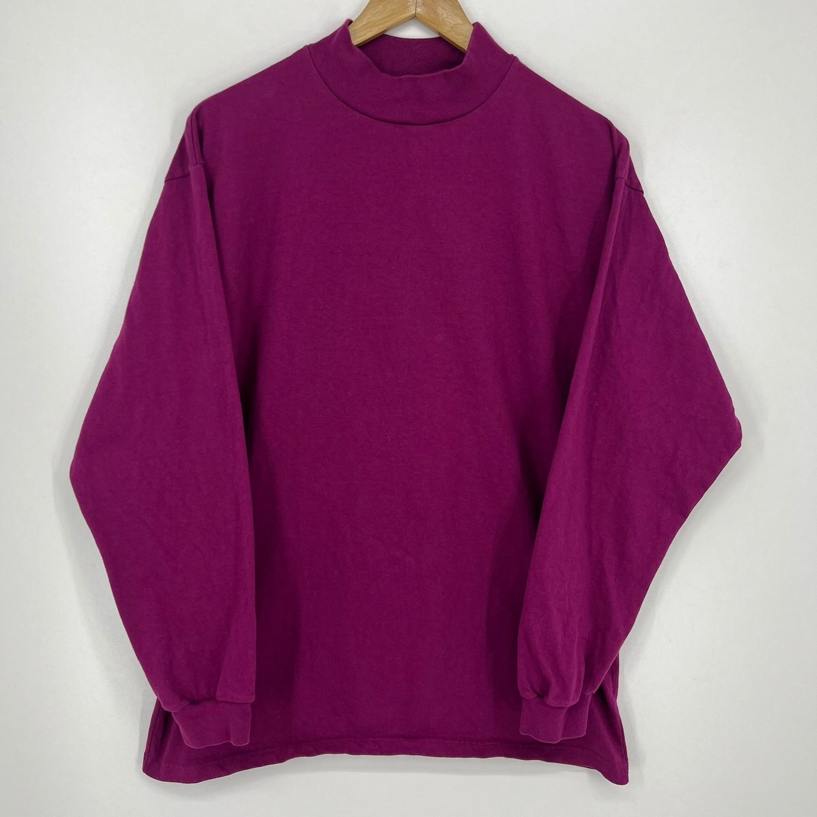 Vintage Hanes Activewear Mens Large Magenta Purple Mock Neck Cotton Shirt USA