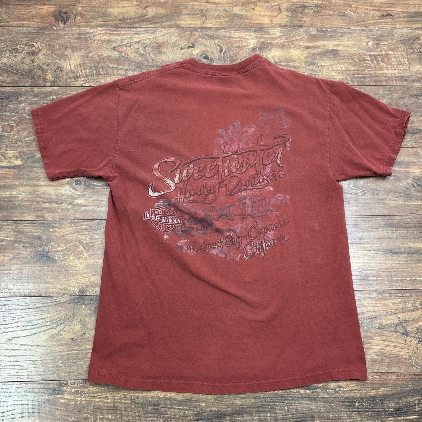 Harley Davidson Graphic T-shirt Rust Orange Mens L 2 Sided Tee Sweetwater Faded