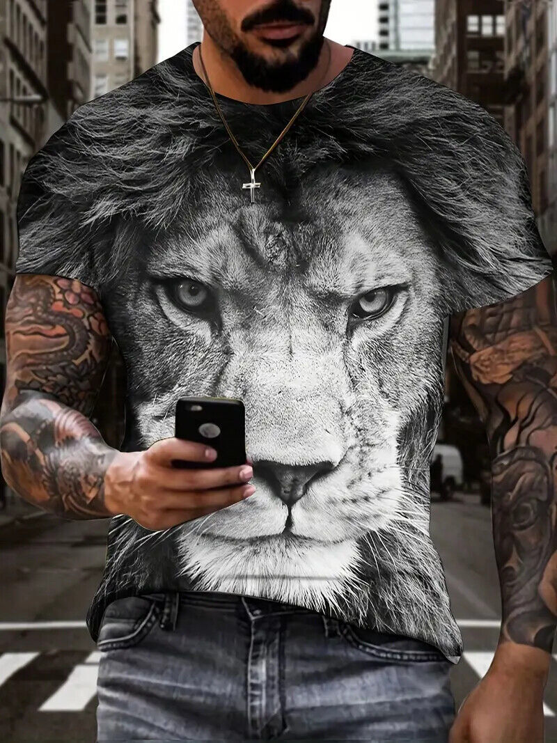 T Shirt Men Black White Lion Face Graphic Print Fashion Wicking Tee Short Sleeve