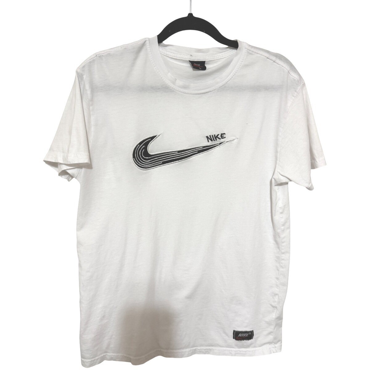Nike VINTAGE white tshirt black embroidered swoosh bottom front tag 80s 90s RARE