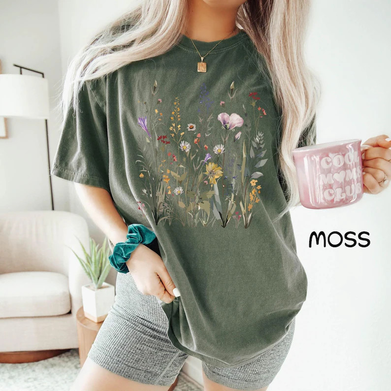 Wild Flowers Comfort Tee Shirt Nature Floral Soft Cotton Relax