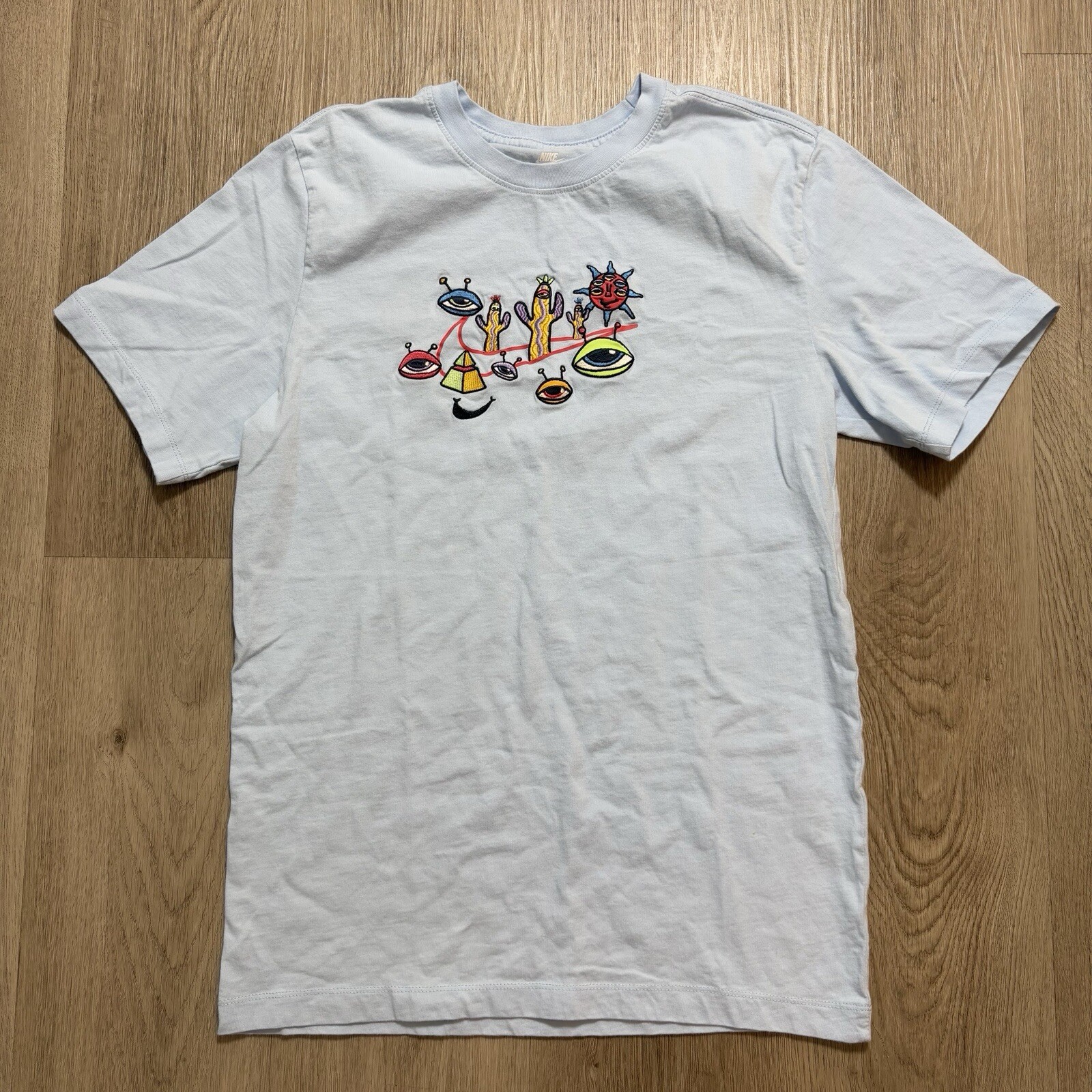 Nike T-Shirt Mens Small Blue Alien Eyes Graphic Swoosh Trippy Cactus Pyramid
