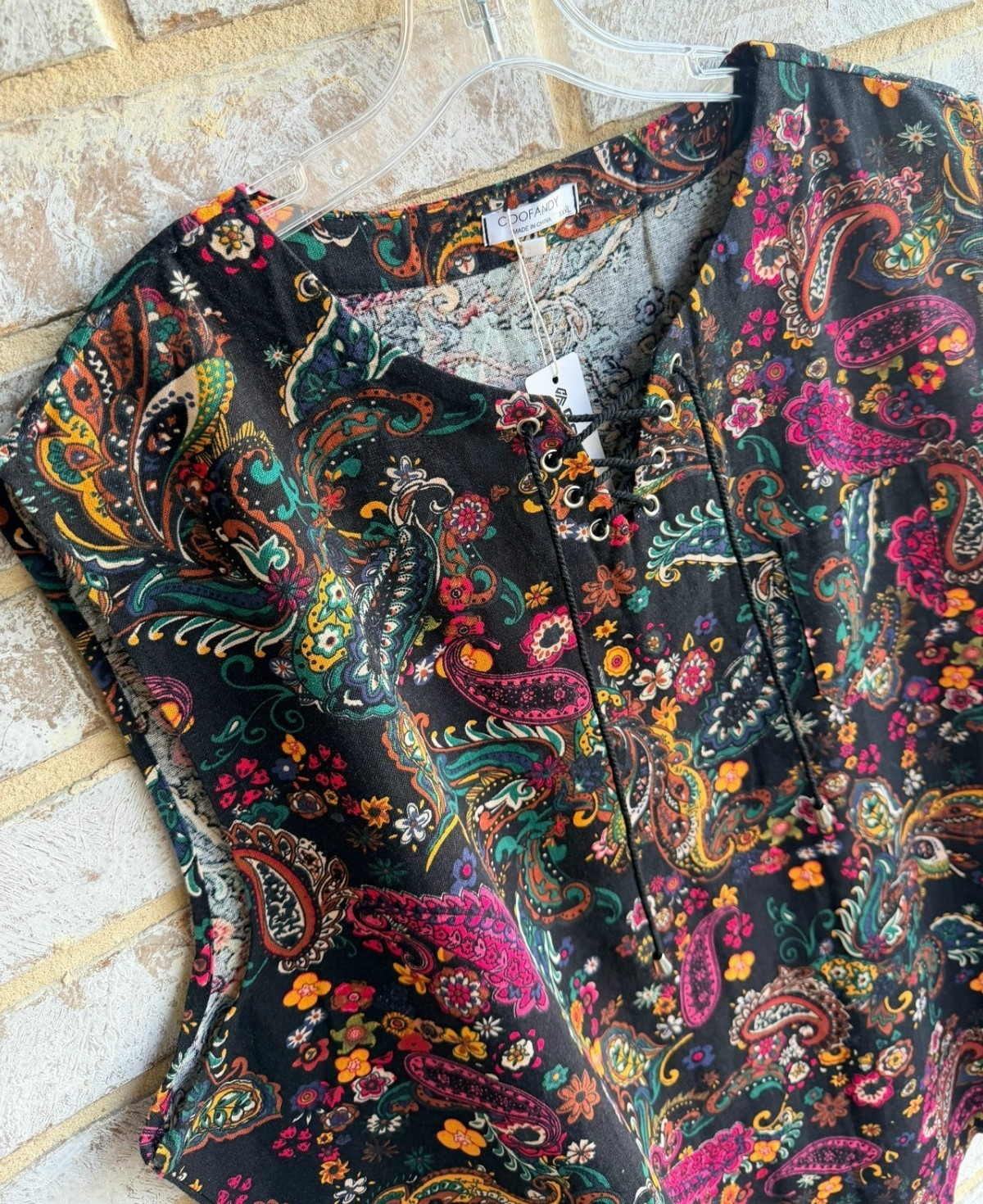 COOFANDY Sleeveless Lacing V-Neck Multicolor Paisley Tunic Tank Top Size XXXL