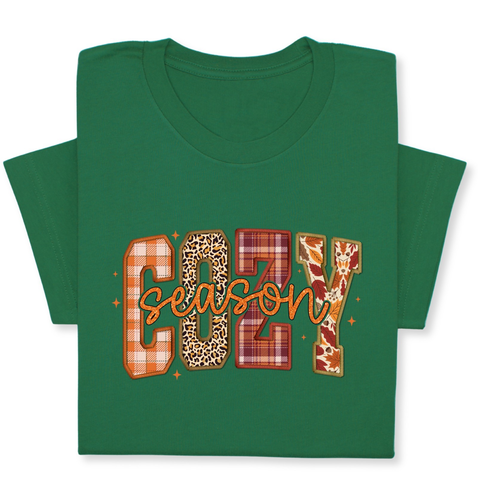 Cozy Season Fall T-Shirt – Autumn Plaid & Leopard Patchwork Tee