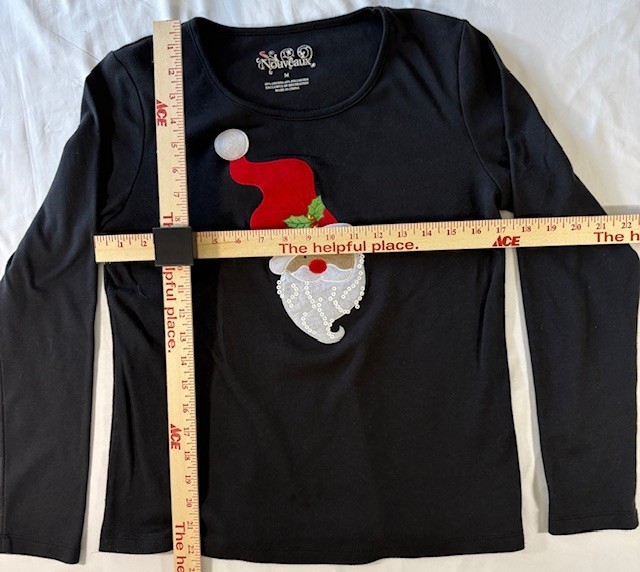 Women’s M Black T-shirt Santa Claus with Jingle Bells Embroidered by Nouveaux
