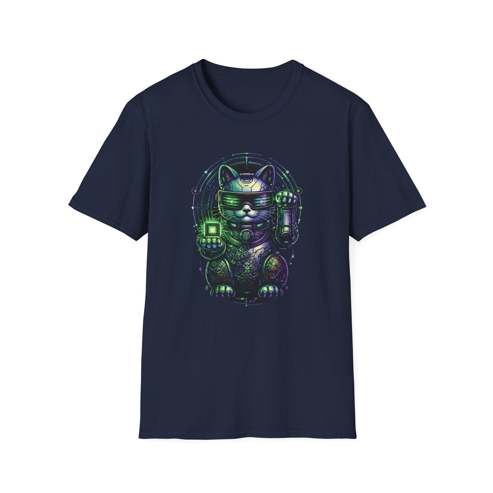 Cyber Lucky Cat T-Shirt Neon Maneki Neko Japanese Streetwear Graphic Tee Unisex