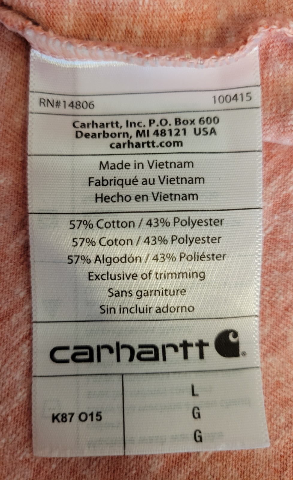 L Carhartt Original Fit K87 O15 Harvest Orange Snow Heather Pocket T-Shirt