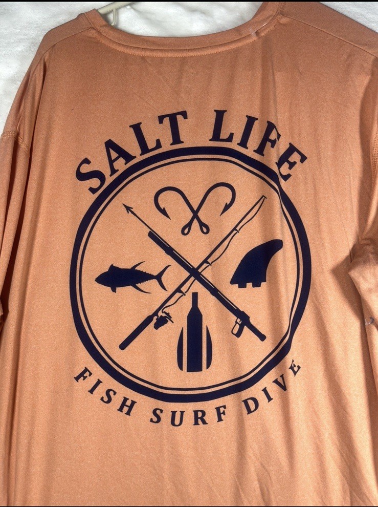 Salt Life Mens L Orange Long Sleeve Pocket Fishing Logo Boating Graphic Shirt