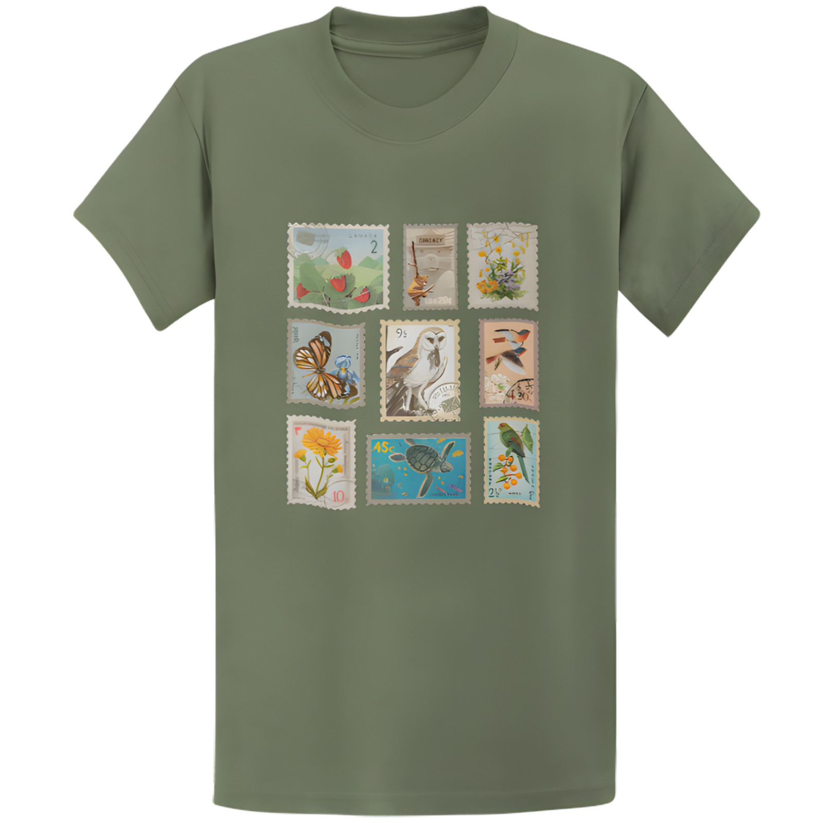 Gildan 5000 Vintage Wildlife Botanical Stamp Collage T-Shirt – Retro Gift Tee