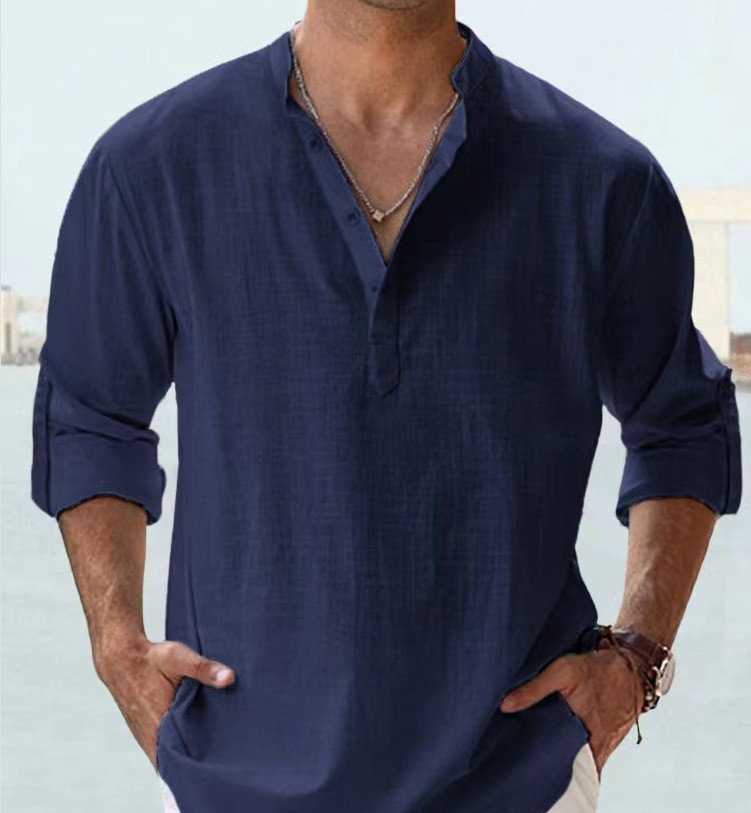 Men’s Casual Henley Shirt Long Sleeve Linen Cotton Loose Fit Summer T-Shirt